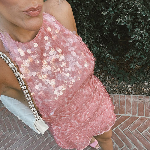 Damen Glamouröses Pailletten-Minikleid mit haltem Ausschnitt EB