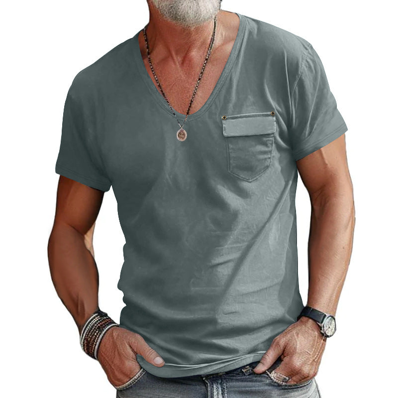 Herren V-Ausschnitt T-Shirt mit dekorativer Brusttasche und attraktiver Struktur EB