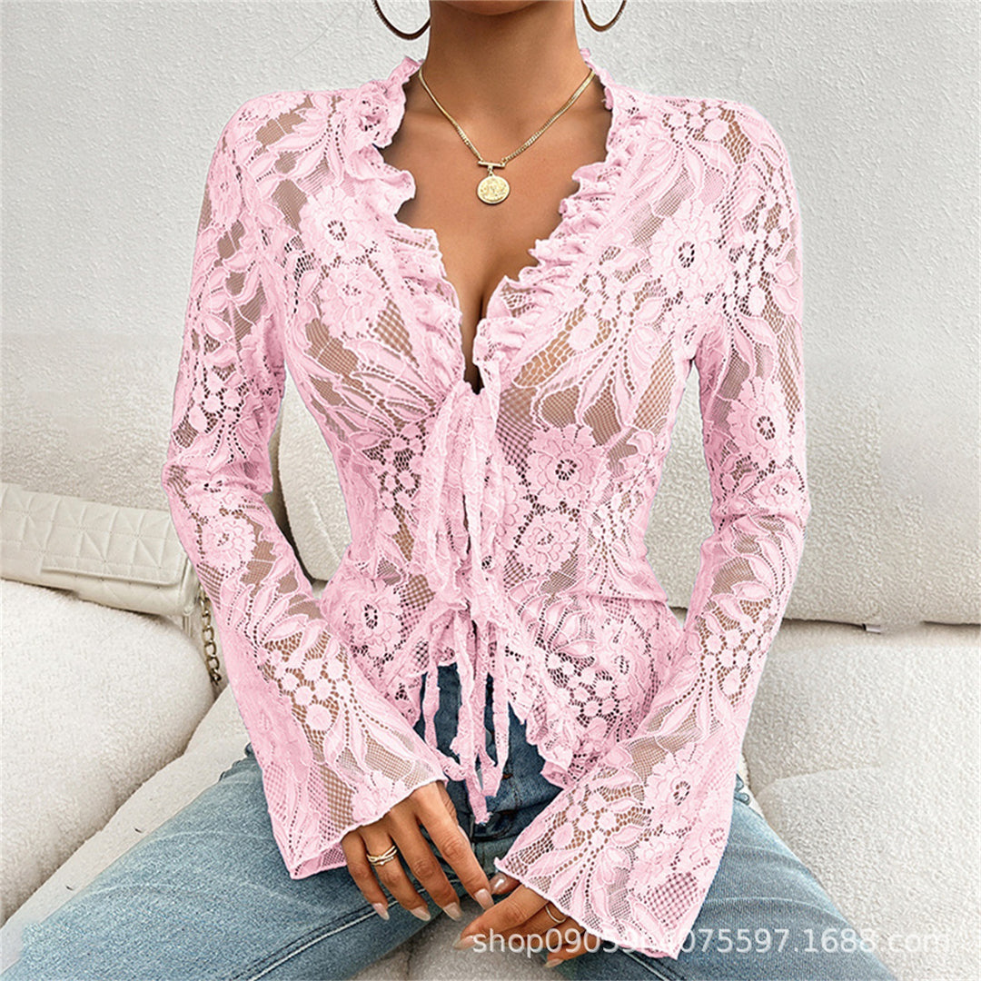 Damen Spitzenbluse mit Rüschen EB