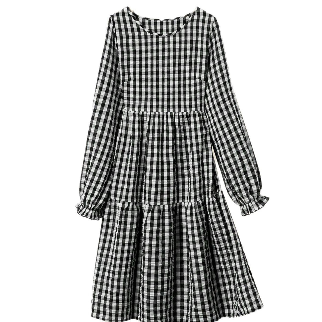 Damen Karomuster Maxikleid mit langem Arm und Rüschendetail EB