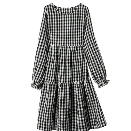 Damen Karomuster Maxikleid mit langem Arm und Rüschendetail EB