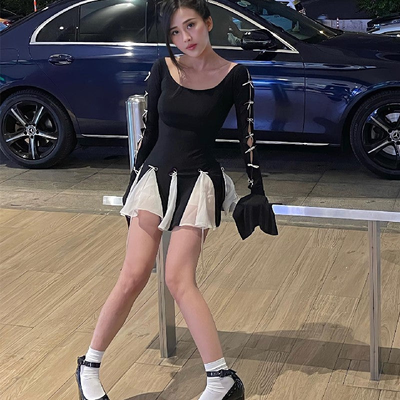 Damen Skaterkleid mit kontrastierenden Rüschendetails und lange Ärmel EB