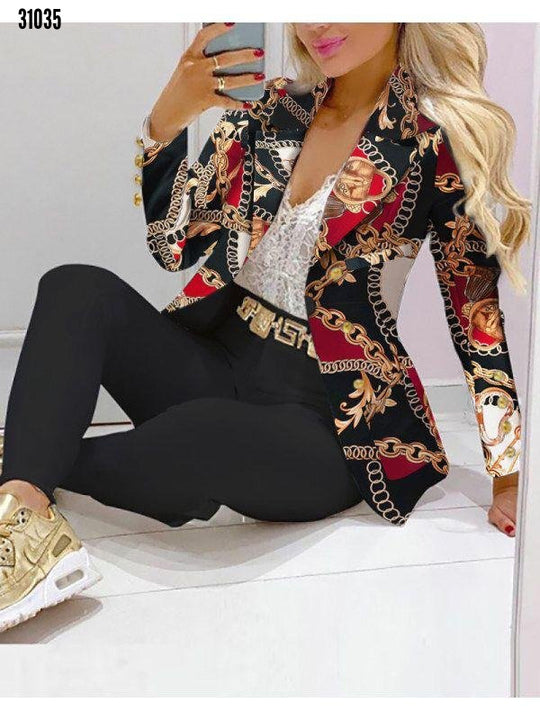 Damen Zweiteiliges Blazer-und-Hose-Set mit Schmetterlingsprint und glamourösem Glitzereffekt EB