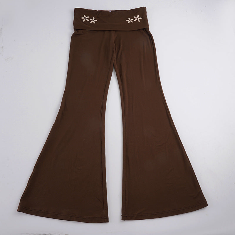 Damen nan Yogahose Flared mit Umschlagbund, komfortable Bootcut-Passform und Laser-Cut Blütendetail EB