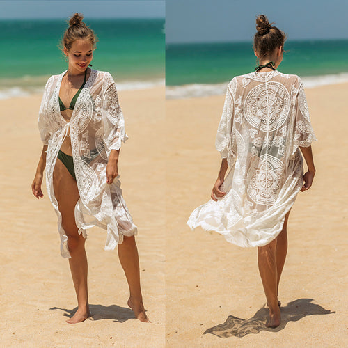 Damen elegante Häkel-Strandtunika mit floralen Details EB