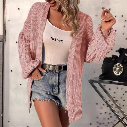 Damen lockerer Strickcardigan mit strukturierten Ärmeln und offenem Schnitt EB