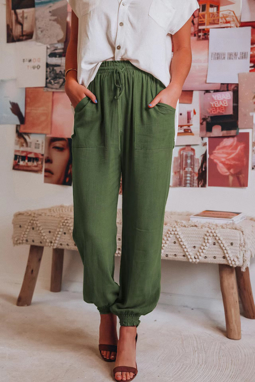 Damen Bequeme und legere Hose mit elastischem Bund und vielseitigen Taschen EB
