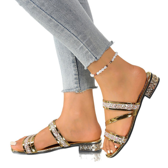 Damen Glamouröse Flachsandalen mit funkelnden Kristallriemen und eleganter Sohle EB