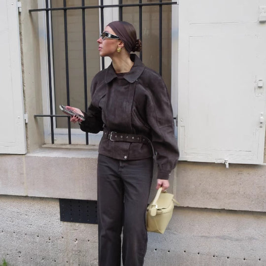 Damen Modische Suede Jacke mit Taillengürtel EB