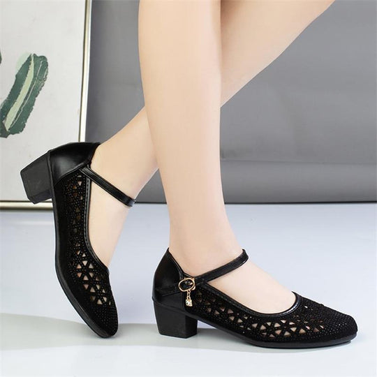 Damen Elegante Ballerinas mit stilvoller Spitzeneinlage und bequemem Blockabsatz EB