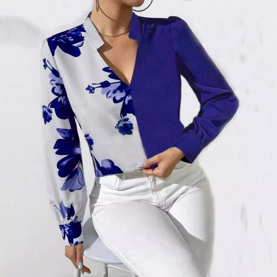 Damen Bluse mit einzigartigem floralen Muster und elegantem V-Ausschnitt EB