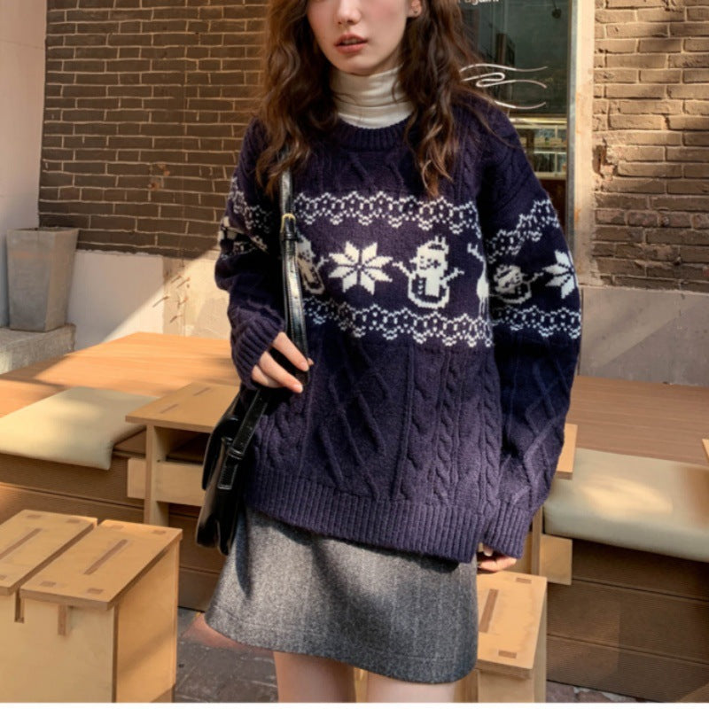 Damen Weihnachts-Pullover mit festlichem Zopfmuster und Schneemann-Motiv EB