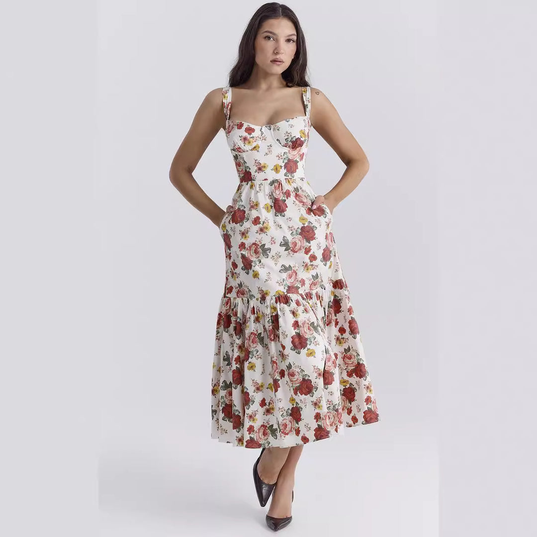 Damen Floral Maxikleid mit schulterfreiem Design und voluminösem Rock EB