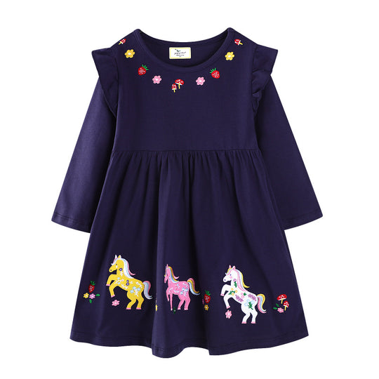 Mädchen Freizeitkleid mit buntem Einhorn-Design und floralen Applikationen EB