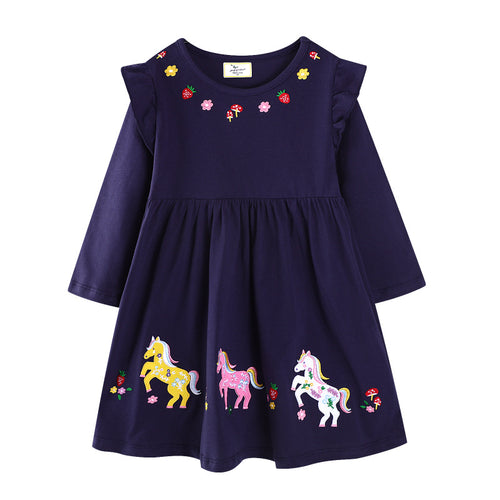 Mädchen Freizeitkleid mit buntem Einhorn-Design und floralen Applikationen EB