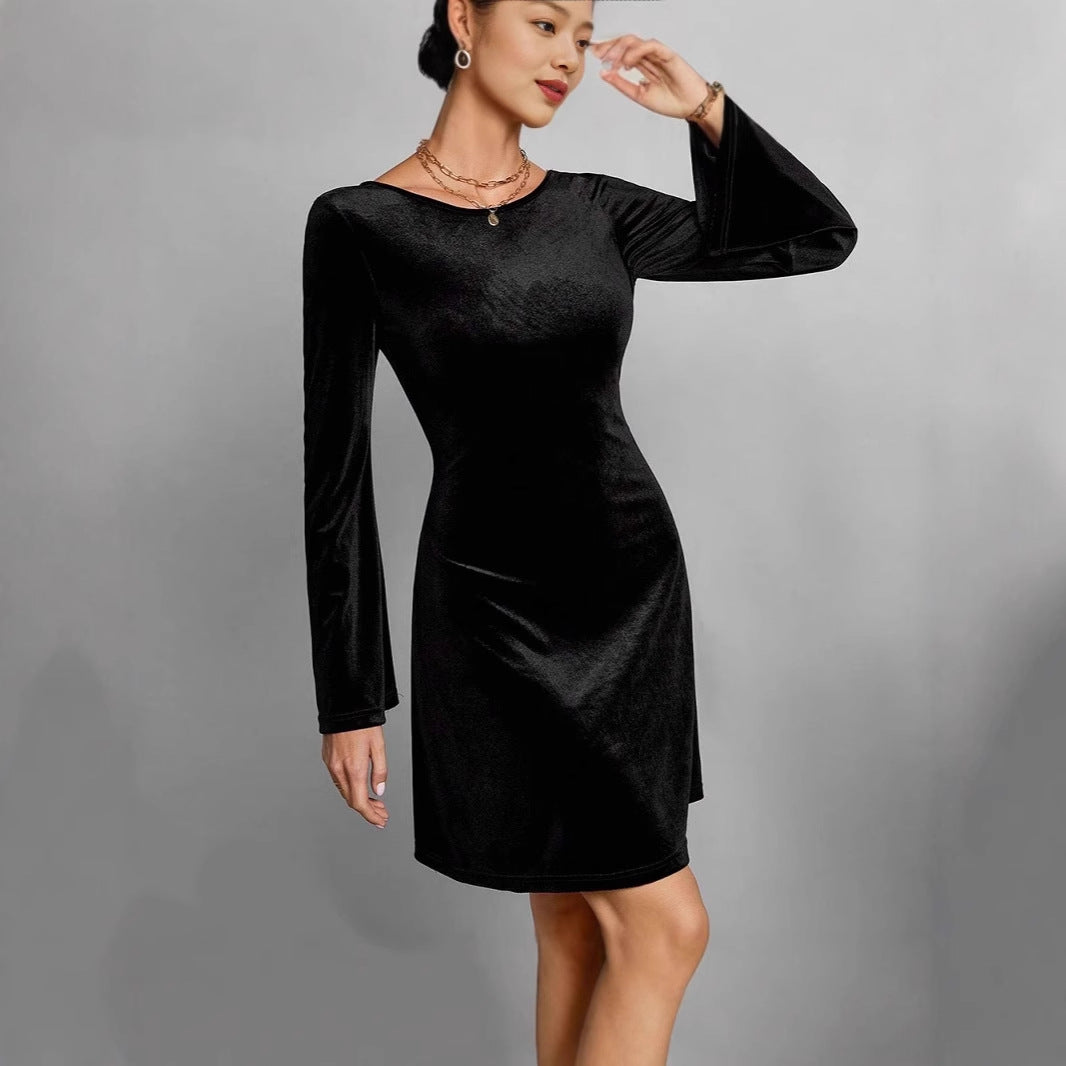 Damen Elegantes und samtiges Midikleid mit langen Ärmeln EB