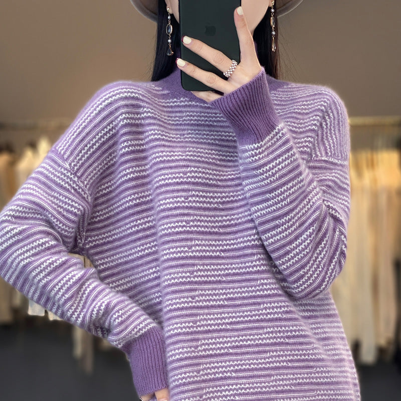 Damen Strickpullover mit modernem Streifenmuster und bequemen Daumenlöchern EB