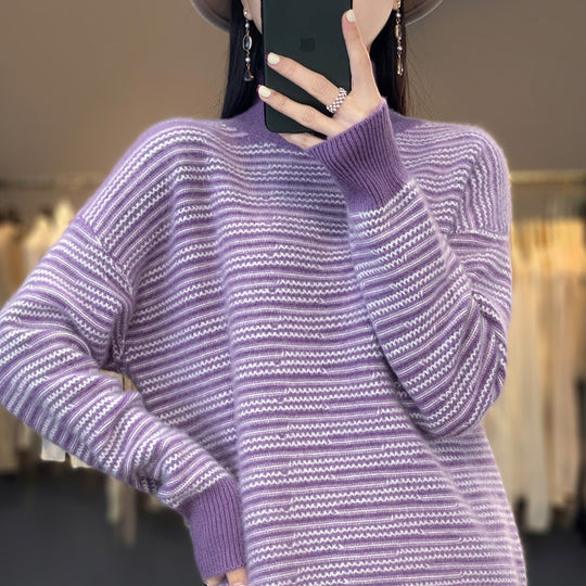 Damen Strickpullover mit modernem Streifenmuster und bequemen Daumenlöchern EB