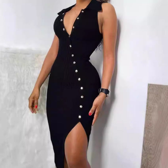 Damen Elegantes Kleid mit Knopfleiste und hohem Schlitz EB