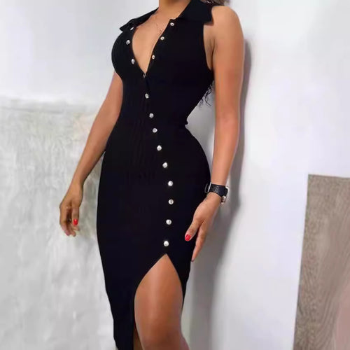 Damen Elegantes Kleid mit Knopfleiste und hohem Schlitz EB