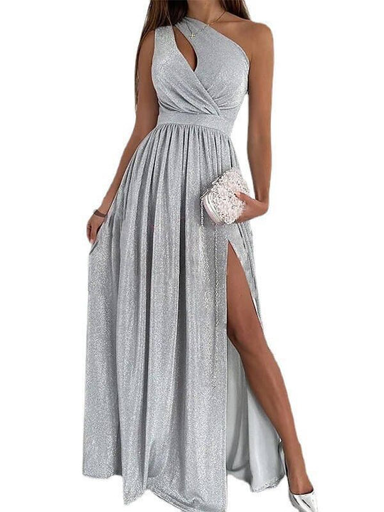 Damen elegantes Abendkleid mit asymmetrischem Ausschnitt und Seitenschlitz EB