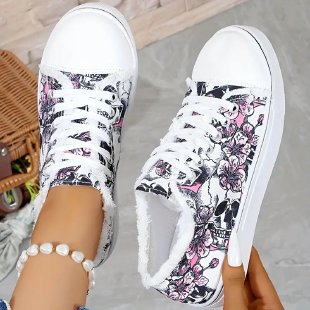 Damen Sneaker mit floralem Skull-Design und kuscheligem Futter EB