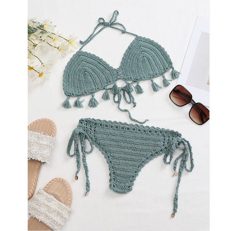 Damen Häkel-Bikini-Set mit fransigen Akzenten und verstellbaren Trägern EB