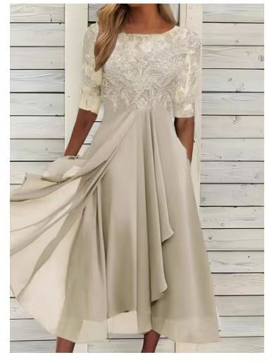 Damen Elegantes Midikleid mit Spitzenärmeln und schwingendem Rock EB