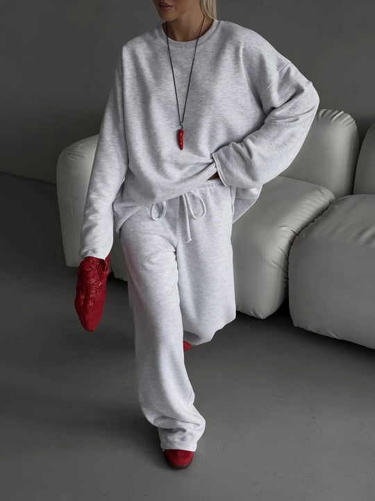 Damen kastiges Sweatstoff-Set mit weichem Rundhalsausschnitt und weiter Kordelbundhose EB