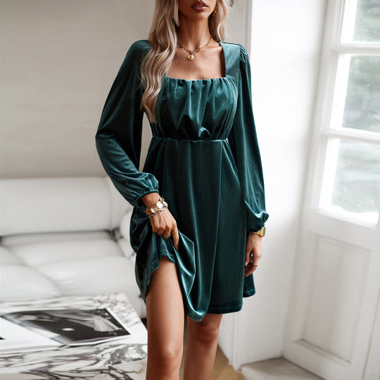 Damen nan Samt-Kurzkleid mit quadratischem Ausschnitt, Empire-Taille und Ballonärmeln EB