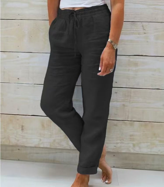 Damen nan lässige Leinenhose mit elastischem Bund Kordelzug und Seitentaschen EB