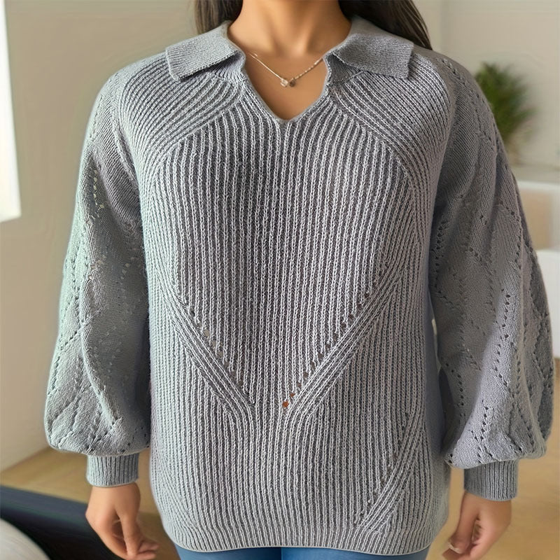 Damen Strickpullover mit V-Ausschnitt und Ballonärmeln EB