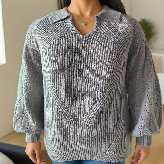 Damen Strickpullover mit V-Ausschnitt und Ballonärmeln EB