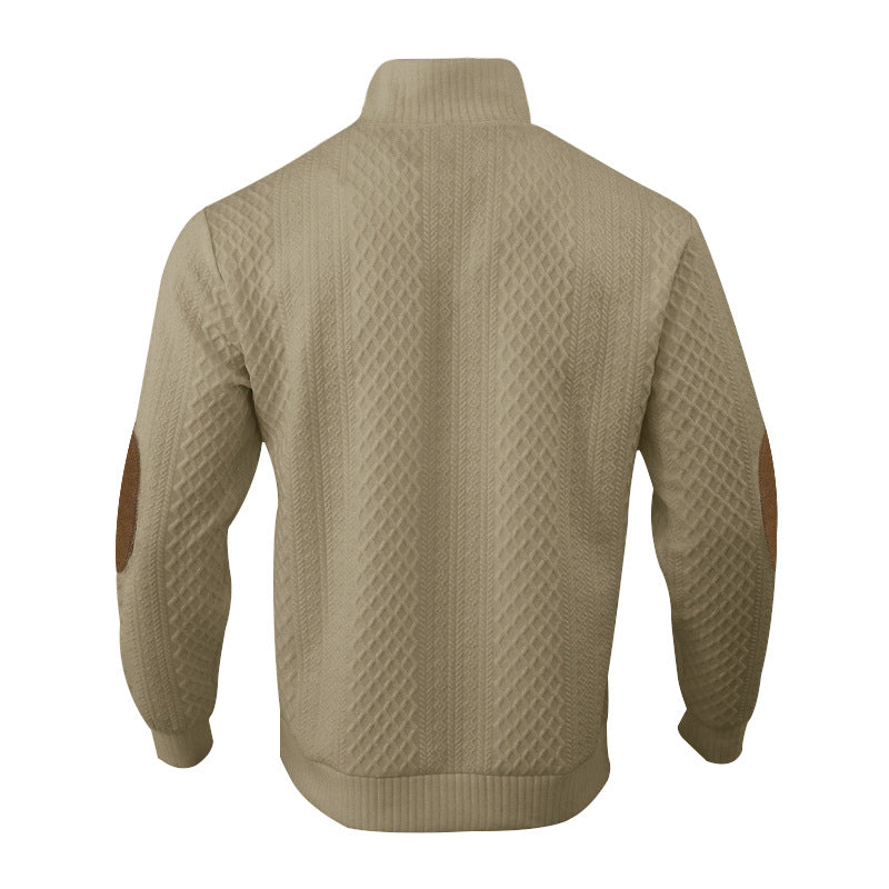 Herren nan Grobgestrickter Pullover mit Ellbogenpatches, Stehkragen und Knopfleiste EB