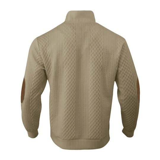 Herren nan Grobgestrickter Pullover mit Ellbogenpatches, Stehkragen und Knopfleiste EB