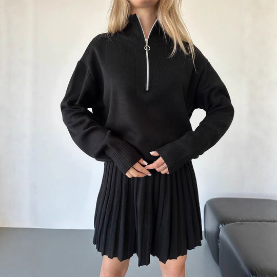 Damen gemütliches Strick-Set mit Reißverschluss-Pullover und plissiertem Rock EB