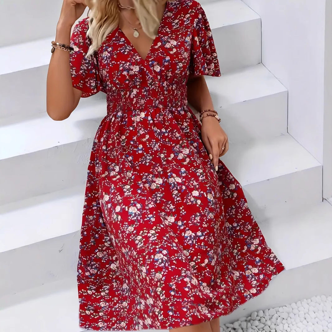 Damen Wickelkleid mit floralem Design und modischem V-Ausschnitt EB