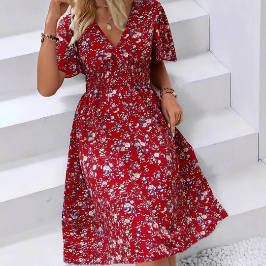Damen Wickelkleid mit floralem Design und modischem V-Ausschnitt EB