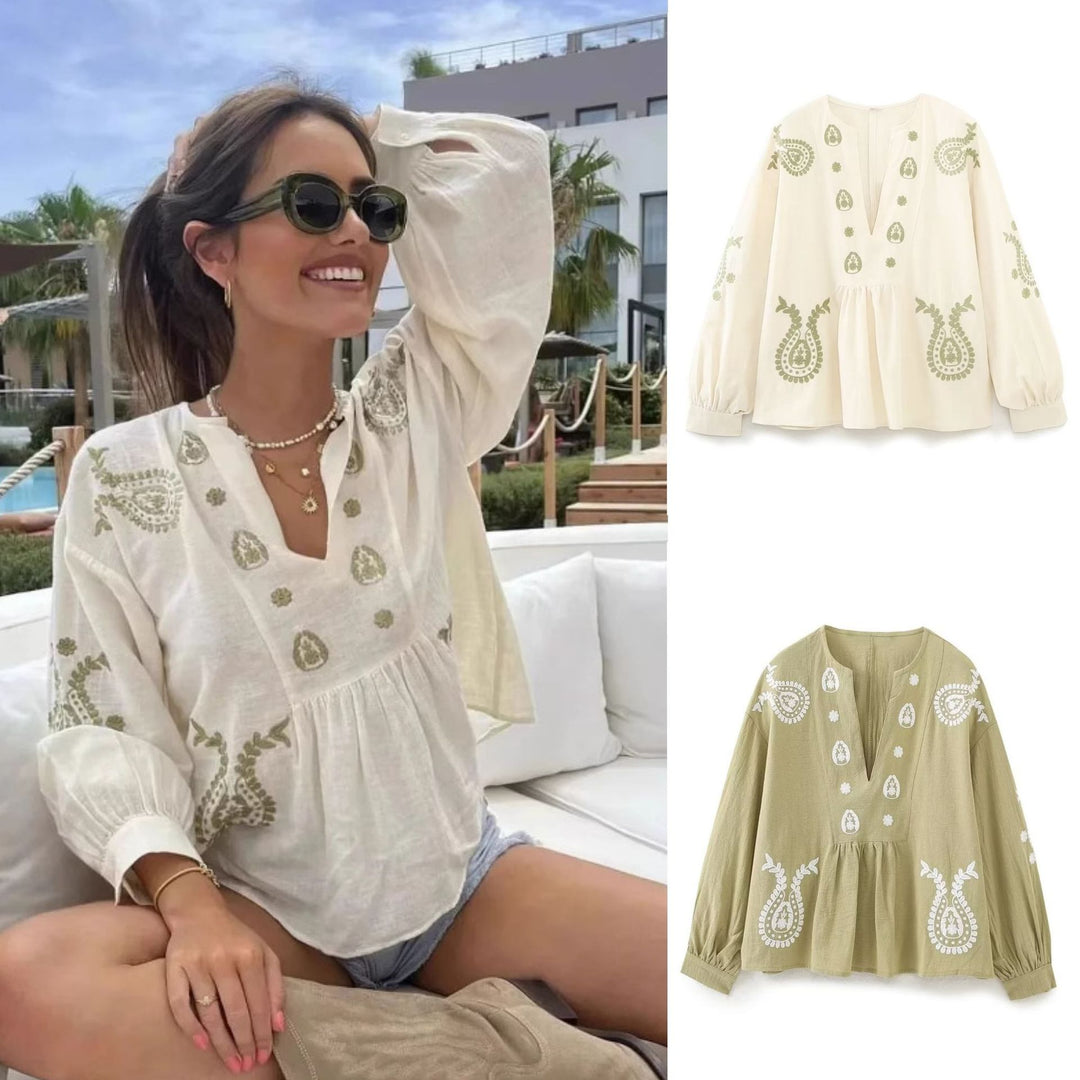 Damen nan bestickte Tunika-Bluse mit Paisley-Stickereien, V-Ausschnitt und voluminösen Ballonärmeln EB