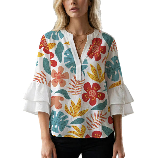 Damen Elegantes Oberteil mit voluminösen Rüchenärmeln und floralem Druck EB