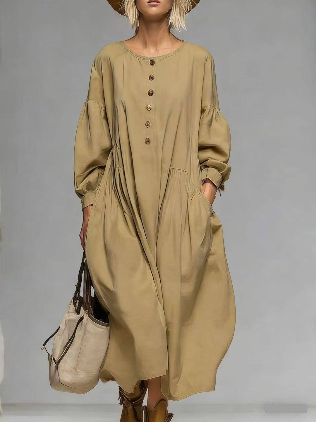 Damen Lässiges Midi-Kleid mit Knopfleiste, Ballonärmeln und Eingrifftaschen EB