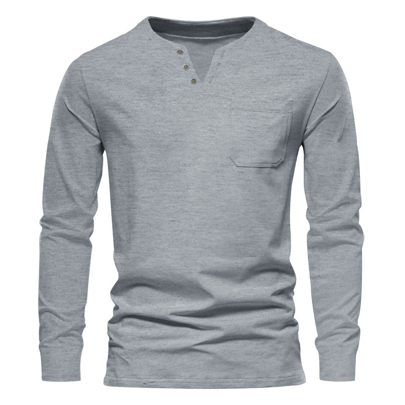 Herren nan modernes Henley-Langarmshirt mit asymmetrischer Knopfleiste und Brusttasche EB