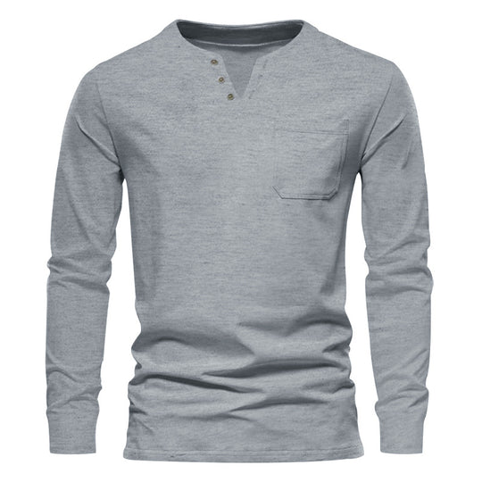 Herren nan modernes Henley-Langarmshirt mit asymmetrischer Knopfleiste und Brusttasche EB