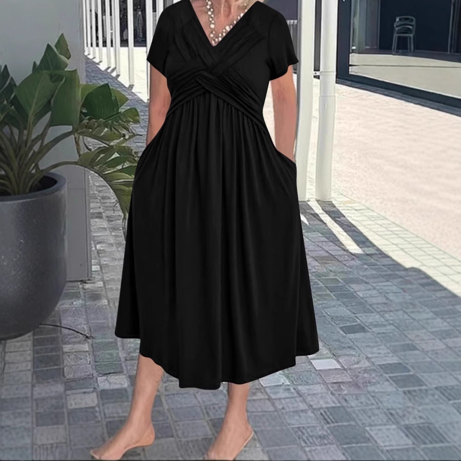 Damen Wickelkleid mit eleganter Faltenstruktur und kurzen Ärmeln EB