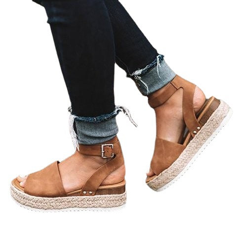 Damen Plateau-Sandalen mit verstellbarem Riemen und jute-artigem Boden EB