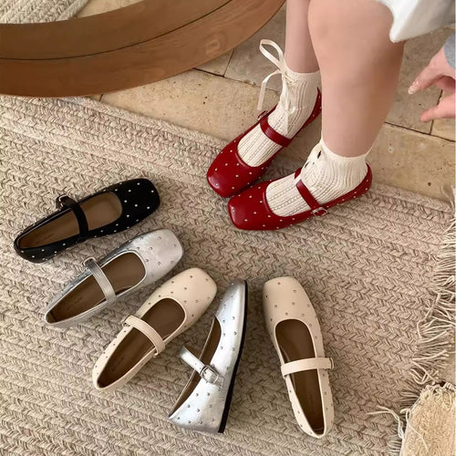 Damen elegante Ballerinas mit modischem Riemen und funkelnden Verzierungen EB