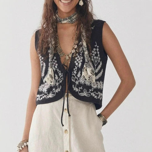 Damen elegante bestickte Weste mit offenem Schnitt und seitlichen Binde-Details EB