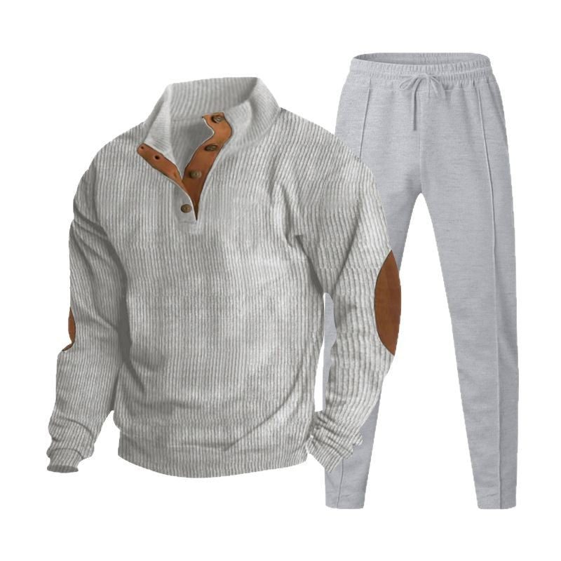 Herren nan strukturiertes Strick-Loungewear-Set mit halber Knopfleiste, kontrastreichen Ellbogenpatches und elastischem Tunnelzug-Jogger EB
