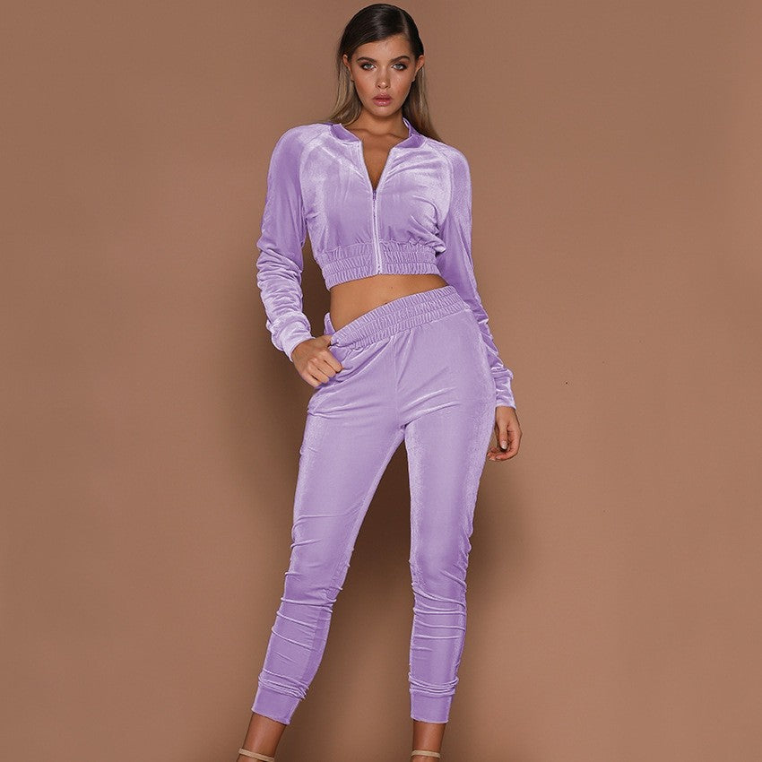 Damen Velours-Loungewear Set mit hochgeschlossener Jacke und elastischem Bund EB