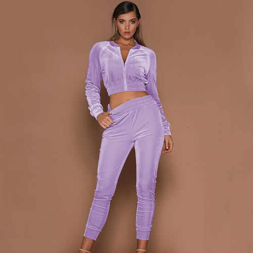 Damen Velours-Loungewear Set mit hochgeschlossener Jacke und elastischem Bund EB